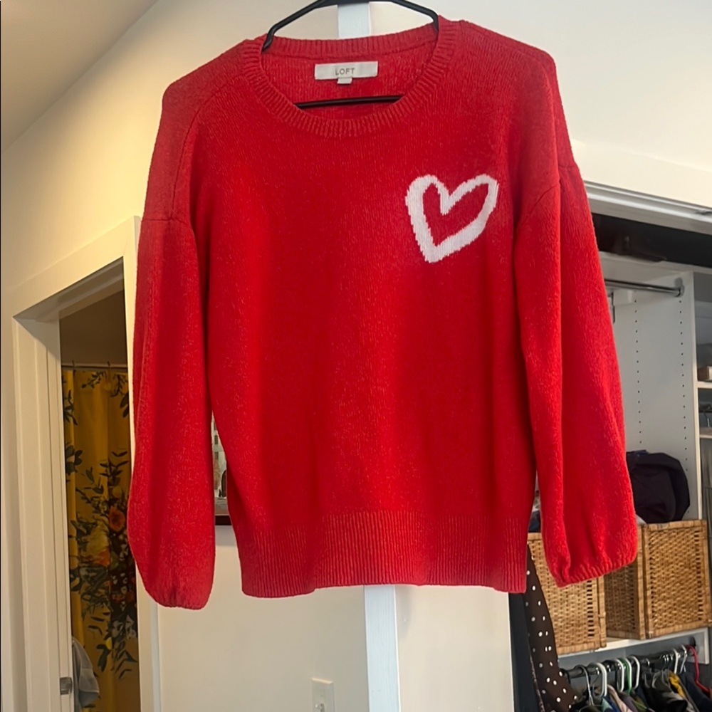 LOFT Red and White Crew Neck Sweater Classic Knit